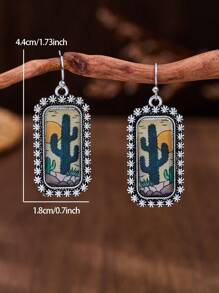 1 对 MONLOTTI 复古西式乡村方形仙人掌图案流苏耳环，波西米亚风格女士珠宝配饰，日常/派对佩戴/礼物