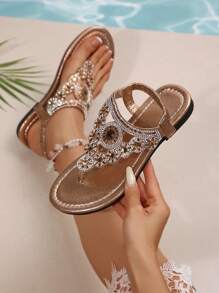 Women's Rhinestone Decor Thong Flat Sandals, Summer Bohemian Beach Shoes