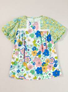 Blusa de manga abullonada con estampado floral y ribete de encaje, de estilo casual de verano - Multicolor - Ver 8