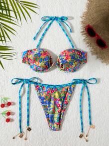 2pcs Women's New Style Ditsy Floral Bikini Set, Fashionable Backless Design With Metal Decor - Multicolor - View 1