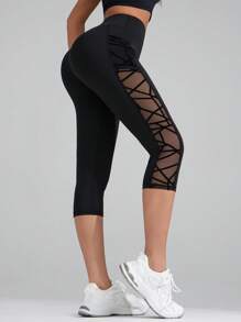 新品 女款网眼拼接运动 3/4 裤、带口袋的瑜伽紧身裤