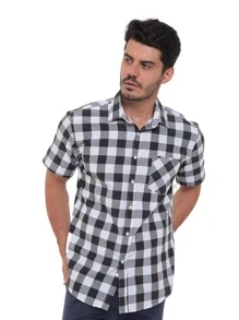 Rand paul Men's Plaid Shirt Casual Slim Fit Short Sleeve With Pockets Imported - màu đen - Xem 4
