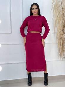 Women's Winter Set Blouse And Woolen Skirt - 紅木色 - 查看 2