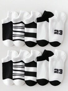 10 Pares de Meias de Algodão para Crianças, Meias Tipo Barco Listradas em Preto e Branco, Meias Casuais Versáteis e Respiráveis para Tornozelo, Feitas de Algodão Penteado para Uso Macio e Confortável, Adequadas para Volta às Aulas e Uso Diário
