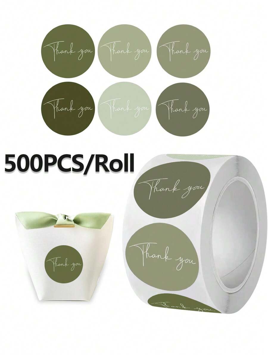 500pcs Green Round "Thank You" Stickers For Wedding Favors, Party Decoration, Self-Adhesive Labels, Gift Packaging - Green - View 1