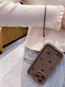 Lanyard Bow-Knot1pc Bowknot Pattern Camera Protection Shock-Proof Phone Case Compatible With Iphone 11 Pro Max/12 Pro Max/13 Pro Max/14 Pro Max/15 Pro Max/IPhone 16 Plus/IPhone 16 Pro Max, Redmi, OPPO/Realme, VIVO, Infinix, Honor, One Plus Waterproof Anti-Fall Scratch Resistant - Brown - View 2