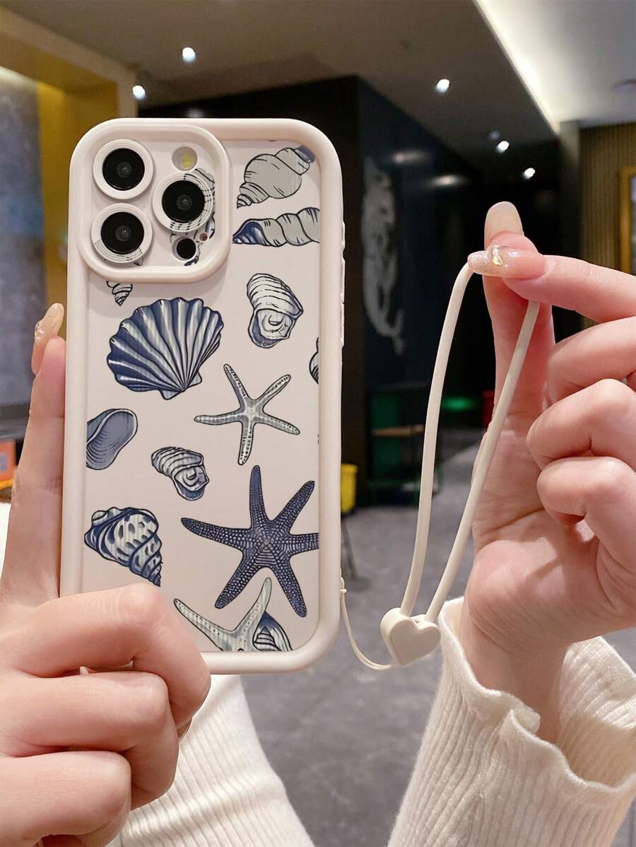 1pc Protective Phone Case With Ocean Element Pattern And Precise Cutout Design, Compatible With Apple 11 Pro Max/12 Pro Max/13 Pro Max/14 Pro Max/15 Pro Max/16 Plus/16 Pro Max, Redmi, OPPO/Realme, VIVO, Infinix, Honor, MOTO, One Plus - White - View 1