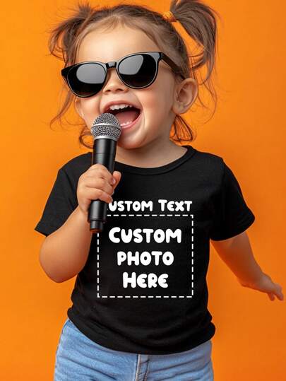 Customized Pattern Design, Spring/Summer Young Girl' T-Shirt, Photo Customization - Upload Your Photo/Group Photo/Baby Photo/Landscape, Input Your Text, Team Uniforms & Outdoor Apparel Customization, Personalized Round Neck Short Sleeve Girls T-Shirt, Black Top Customization, Holiday Gifts, Birthday Gifts, 1st Birthday Gifts Stylish, Fashion, Hipster, Casual, Minimal Chic Personalized, Customized, Custom, Unique Guy Costumes, Capsule Wardrobe, Boy Basic/Street Style For Birthdays, For Vacation/Holiday, For School/Competition, For Sports/Climbing