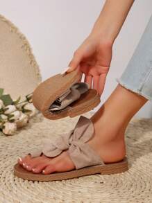 Women's Comfortable Rainbow Bow Decor Massage Bottom Flat Sandals, Colorful Beach Flip Flops,Spring Summer Outfits - Khaki - View 3