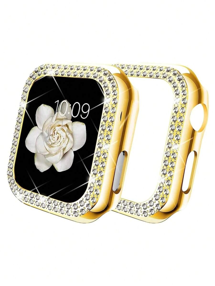 Correa de Apple Watch con cubierta rígida de PC y cristales de diamante brillantes, compatible con Apple Watch Series 1/2/3/4/5/6/SE/8/7. Protección anti-colisión para mujeres, disponible en 38mm/40mm/41mm/42mm/44mm/45mm/49mm. Colores disponibles: negro, oro, oro rosa