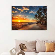Framed Sunset Over Tropical Beach Palm Tree Ocean Photo Photograph Setting Sun Island Poster Nature Scene Palm Tree Scenic Relaxing Calm Sea Sand Beautiful Cool Wall Art Print Poster - Framed - View 4