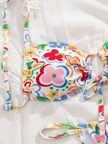 新品春夏抽绳抹胸彩色花朵吊带比基尼套装