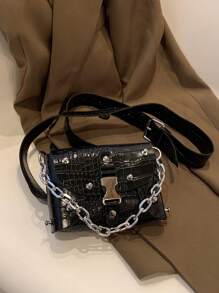 Nouveaux sacs à épaule de mode pour dames, petits sacs carrés polyvalents de couleur unie, motif crocodile décontracté, sacs bandoulière simples avec décoration de chaîne, sacs à main pour femmes