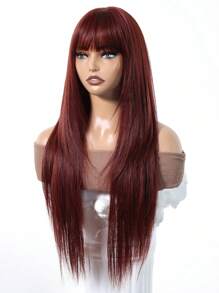 时尚粉色长直合成假发：外观自然，耐热，适合日常使用。编织假发，合成头发，时尚，耐热，适合日常使用 - 酒紅色 - 查看 5