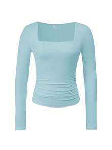 Vaiaye 女士春夏 Y2K 方领长袖修身 T 恤，纯色性感上衣，适合情人节穿着 - 水鴨藍 - 查看 3