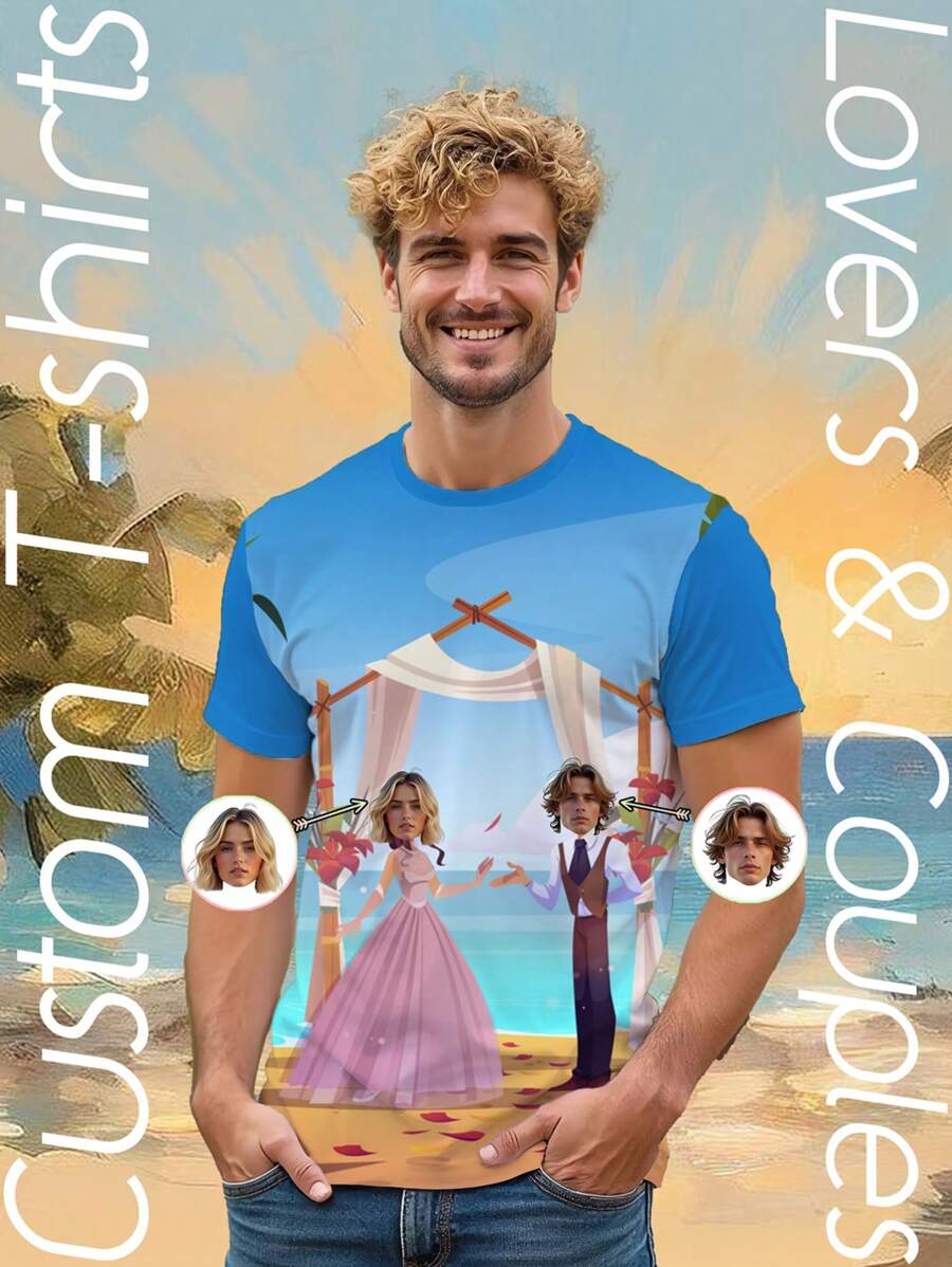 Custom T-Shirt With Face For Romantic Wedding Anniversary, Personalized Photo Tshirt, Couple Tshirt, T-Shirts With Picture For Romantic Valentine's Day Wedding Anniversary Party - Blue - View 1