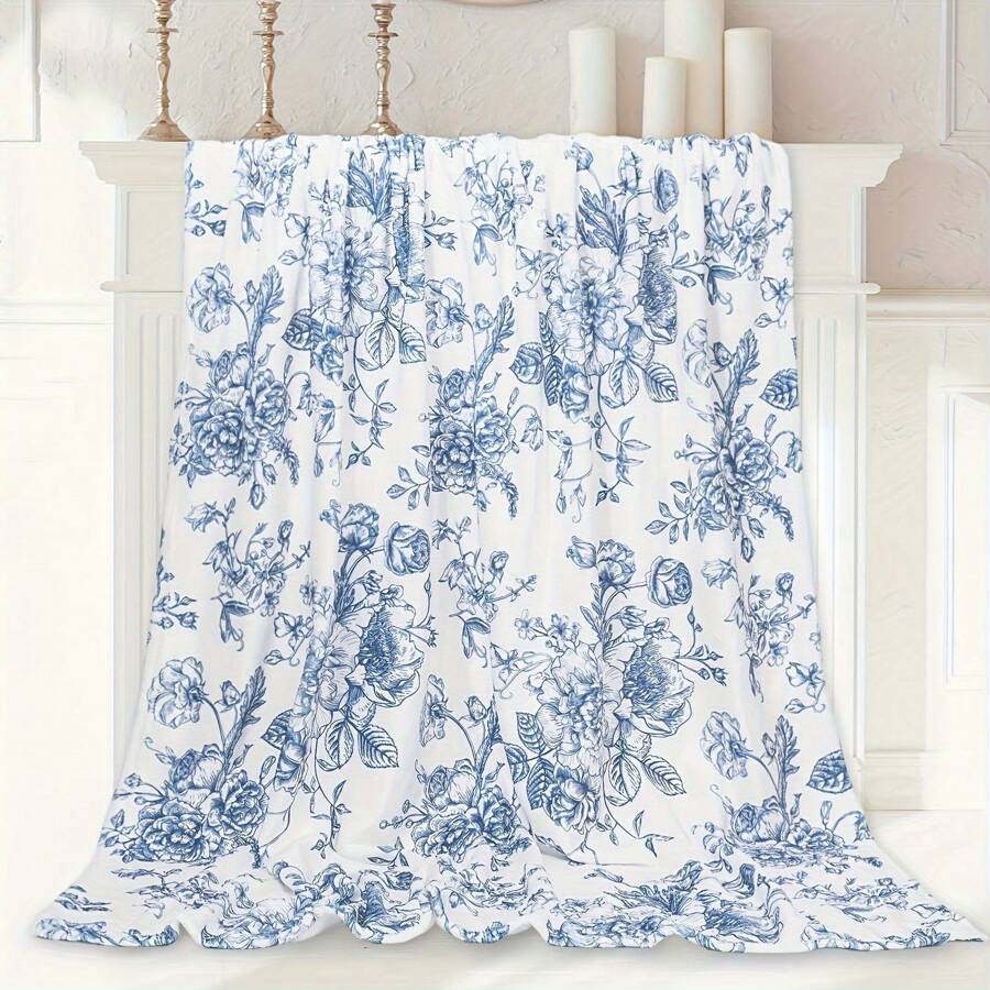 1pc Blue Floral Wool Blanket - Soft, Cozy, All-Season Blanket, Suitable For Sofa, Bed Or Camping, Retro Style, Machine Washable, Camping Blanket | Comfortable Bedding Accessory | Gift Blanket 200x150 Cm - Blue - View 1