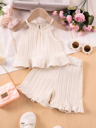 Set de 2 piese de fete tinere, cu volane, top și pantaloni scurți, ținută de vară pentru vacanță