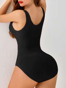 女式无缝塑身连体衣，带腰部收紧和提臀内裤，宽肩带 U 领无袖收腹塑身连体衣 - 黑色 - 查看 5