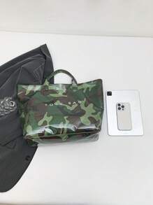 Bolso de moda para mujer, bolso de tote transparente de PVC con diseño de estampado de camuflaje y bloqueo de color, bolso impermeable para mujer, gran capacidad para ocio, vacaciones y playa, estilo informal, gran capacidad, correa de hombro fija, cierre a presión, forro de poliéster, diseño de estampado aleatorio, adecuado para el trabajo y el transporte.