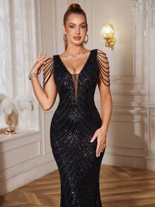 Robe de soirée à col en V scintillante pour femmes, robe pour invitée de mariage, robe de cérémonie, robe de soirée, robe de gala