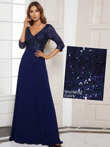 Fall Winter Elegant Contrast Sequin Long Sleeve Evening Formal Dress Semi Formal Dress For Party Dinner - Navy Blue - View 2