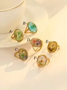 1 pieza Anillo de acero inoxidable color dorado incrustado con flores secas de colores, cada color es un toque poético de la naturaleza, deja que tus dedos florezcan con un romance eterno, apto para el uso diario de la mujer o como regalo