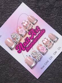Set de 10 piezas de uñas decorativas hechas a mano con diseños de boca de pato blanca francesa, degradado, oso metálico, hebilla metálica, diamante del planeta, puntos y diseño asimétrico, que incluye rhinestones, adecuado para fiesta, boda y uso diario, viene con herramientas, puede ser un regalo para mujeres y niñas