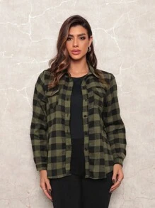 Stylish Women's Plaid Shirt Flannel Elegant Winter Blouse - xanh quân đội - Xem 2