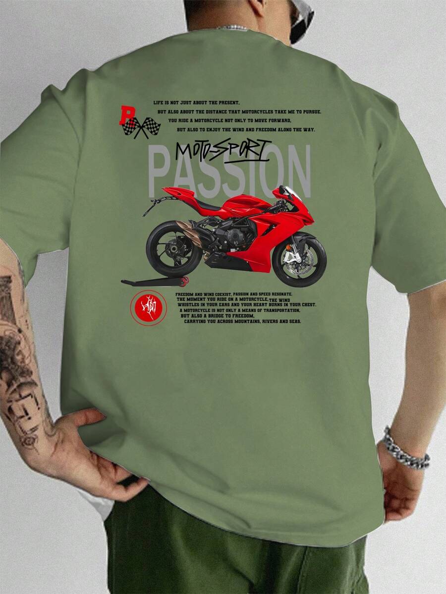 Black Men's New Racing Casual Personalized Letter Print Short Sleeve T-Shirt,Paired With Casual Pants, Suitable For Travel/Vacation/Outdoor Camping/Sports,International Racing - Green - View 1