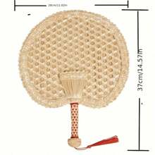 1pc Handmade Round Straw Fan - Summer Cooling Woven Cattail Leaf With Red Tassels, Natural Wheat Straw Material, Intricate Weaving Pattern For Home Decor Or Personal Use, Decorative Fan | Exquisite Weaving Design | Woven Handle