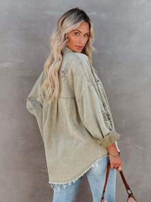 Women's Summer Denim Jacket, Casual Long Sleeve Button Front Dropped Shoulder Jacket, Autumn Versatile Pocket Distressed Hem Denim Jacket - Green - View 2