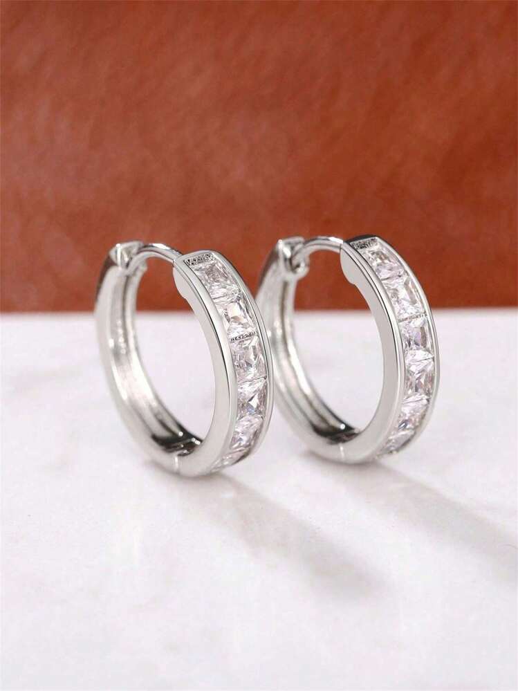2pcs/Set Elegant & Minimalist Cubic Zirconia Hoop Earrings, Copper Simulated Diamond Earrings, Suitable For Women, Weddings, Engagements And Gifting - Silver - View 3