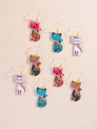 8pcs Cute Cat Ear Earrings, Delicate Animal Jewelry Set, Metal Earrings Accessories Suitable For Daily, School, Party, Gift For Mom On Mother's Day