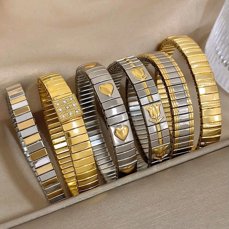 Pulseira elástica ajustável de relógio com estampa de tulipa e amor dourado, 1 peça, aço inoxidável banhado a ouro 18K, joias para mulheres, meninas, casais, presente para mães, Natal, Ação de Graças, Halloween, joias de casamento, presente para aniversário, dia dos namorados, joias boho, festa diária - Multicolorido - Ver 1