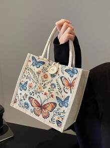 Linen Tote Bag, Butterfly Pattern Tote Bag, Reusable Fashionable Multipurpose Shopping Bag, Annual Meeting Gift Bag, Customizable Design, Minimalist And Elegant, Can Be Used As Bridesmaid Wedding Gift Bag, Student Bag, Back To School And Teacher Bag, Perfectly Meets The Needs Of Gift Promotions, Giveaways, Exhibitions, Surface Can Be Silk-Screened, Embroidered Or Heat-Pressed.