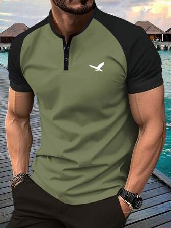 Camiseta de Manga Curta Masculina de Marca, Camiseta Casual Esportiva de Fitness e Corrida com Gola Henry, Impressão Minimalista Personalizada, Manga Raglan em Cor Contrastante