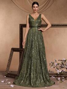 Women's Sequins Embroidered Fitted V-Neck Sleeveless Maxi Formal Evening Gown, Elegant Occasion Dress (Embellished) - Màu xanh Ô liu - Xem 1