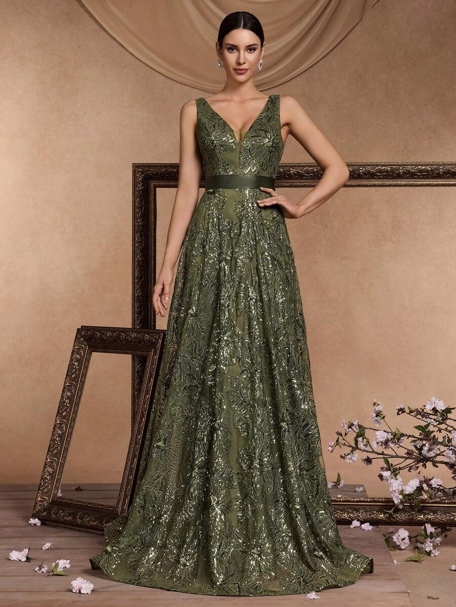 Women's Sequins Embroidered Fitted V-Neck Sleeveless Maxi Formal Evening Gown, Elegant Occasion Dress (Embellished) - Màu xanh Ô liu - Xem 1