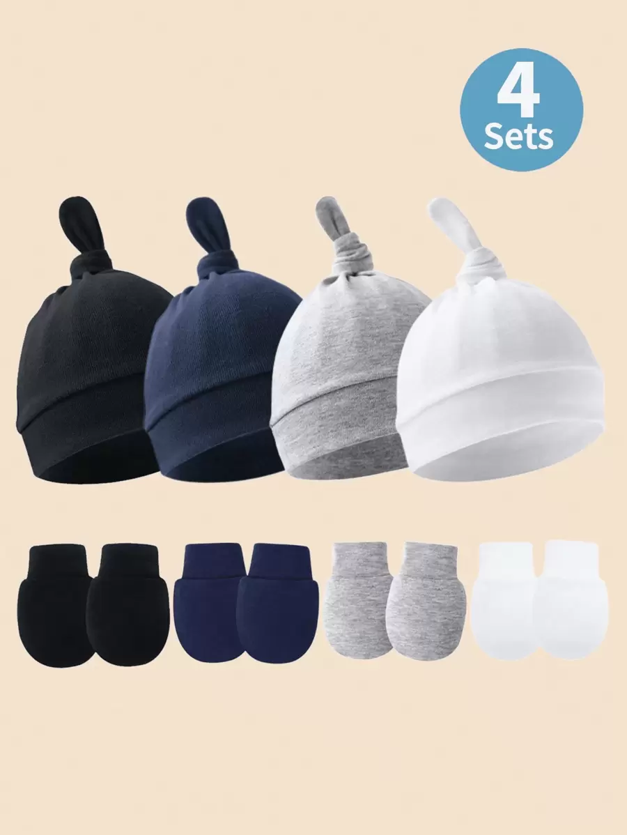 4pcs/Set Newborn Solid Color Pacifier Hat + Anti-Scratch Mittens Suit, Suitable For Baby Daily Wear - Multi-colored Boy - View 1