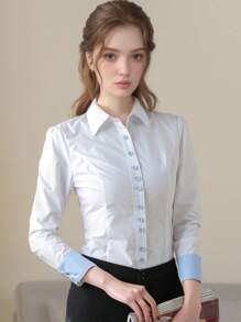 White Long Sleeve Blouse Women Office Wear, Korean Style Slim Fit Bow Shirt Formal Elegant Work Top