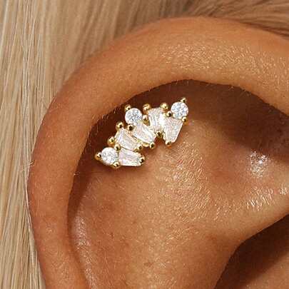 SereneSpark 1pc S925 Sterling Silver Crown Cubic Zirconia Stud Earrings, Delicate Jewelry For Women