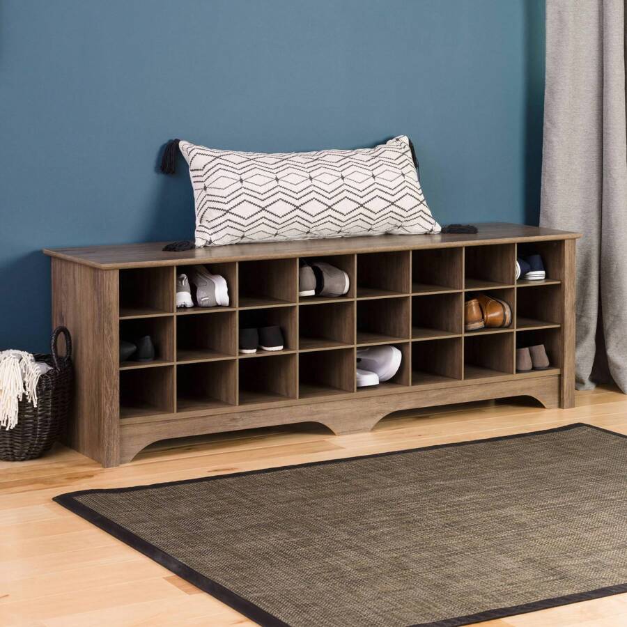 El banco para el recibidor con almacenamiento y asiento: Banco con cubículo para 24 pares de zapatos, ideal como estantería para zapatos blanca en la entrada, con dimensiones de 15.5" P x 60" A x 20.25" H - Gris - Ver 1