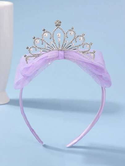 1pc Girls' Sparkling Bowknot Crown Princess Headband