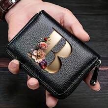 PU皮革字母印花风琴拉链卡包 女士男士钱包卡包零钱包信用卡夹 男士钱包，男士礼物 - 黑色 - 查看 9