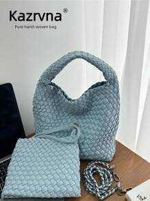 3 Pieces Sky Blue Fashionable Dopamine Style Minimalist Faux Handbag,Neoprene Luxury Portable Foldable Plaid Women Shoulder Bag, Braid Bag Large Capacity For Outdoors&Travel&Holiday&Shopping,For Lady&Woman&Female