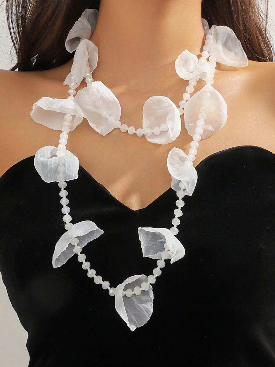 1PC European And American Fashion Petal Beaded Necklace Simple High Sense Sweater Chain Suitable For Holiday Travel Wear To Give Women Holiday Gifts - Necklace - View 1