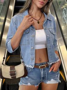 Women's Casual Fringed Denim Jacket With Buttons, Edging, And Pockets, Casual And Fashionable - Ánh sáng - Xem 4