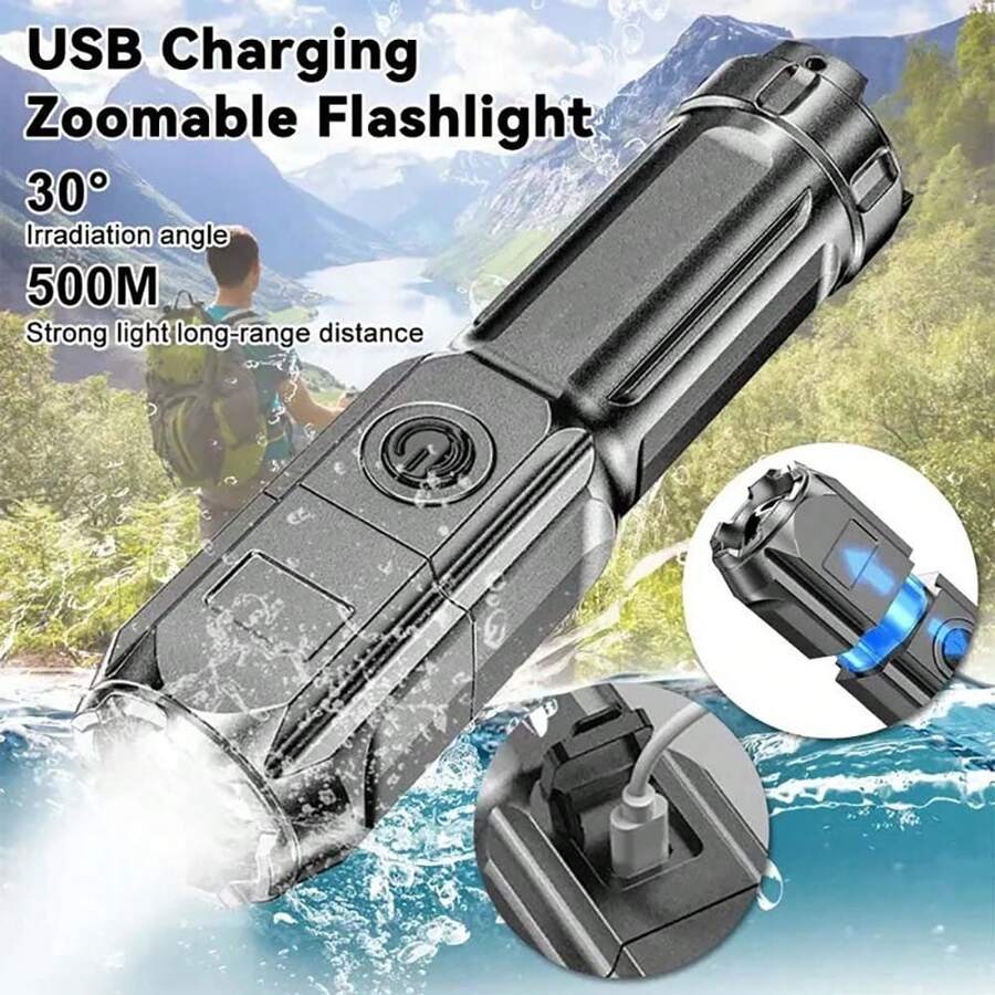1pc Outdoor Handheld Flashlight, Telescopic High Brightness Long Lasting Camping Lamp, Portable - Black - View 1