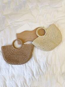 Yogodlns Luxury Hollow Designer Beach Shoulder Bag High Quality Brand Straw Handbag Women Summer Raffia Woven Travel Basket Tote Bags Summer Handmade Bags For Women Beach Weaving Ladies Straw Bag Wrapped Beach Bag Moon Shaped Top Handle Handbags Totes